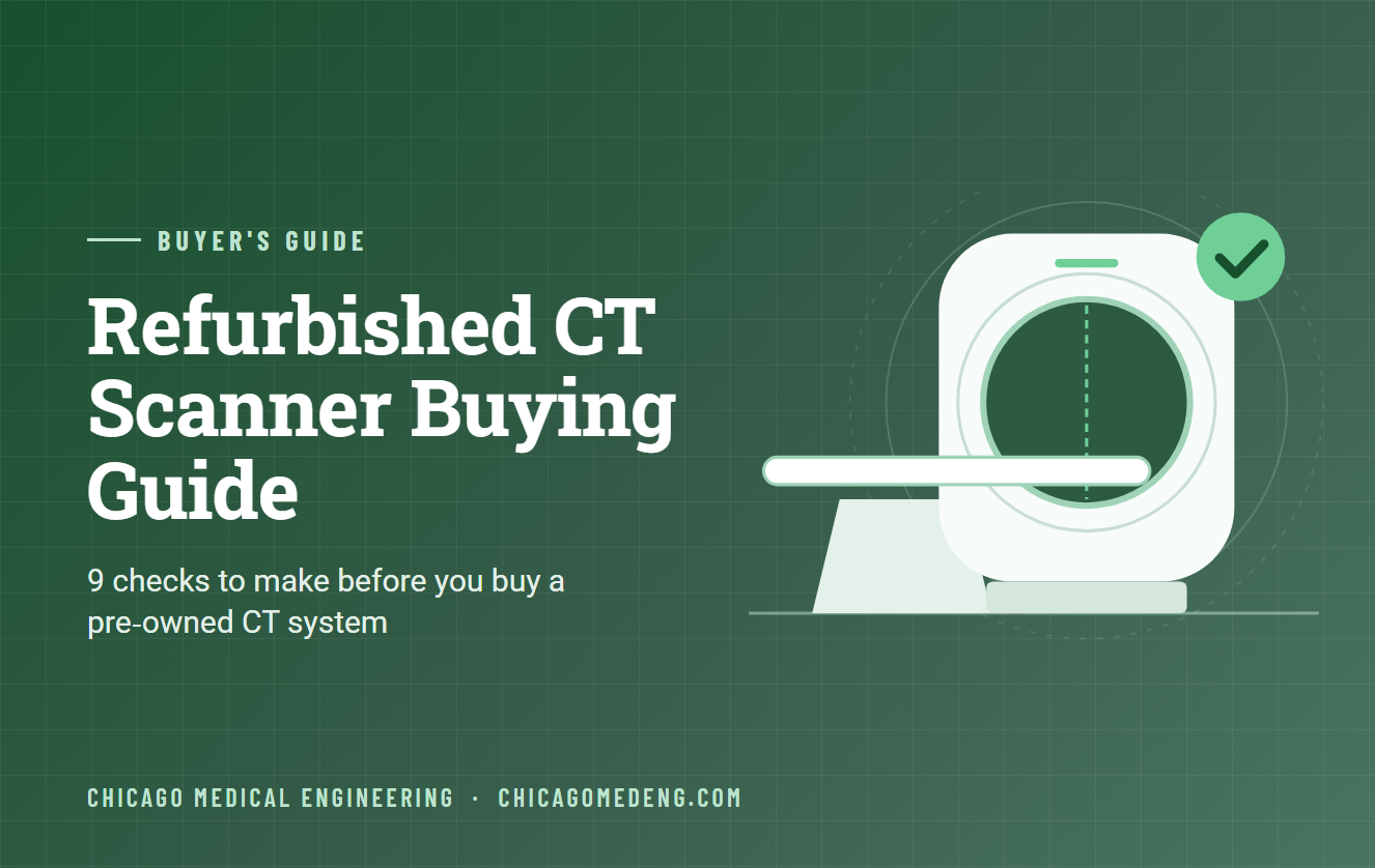 Refurbished CT scanner buying guide illustration showing a CT gantry and patient table