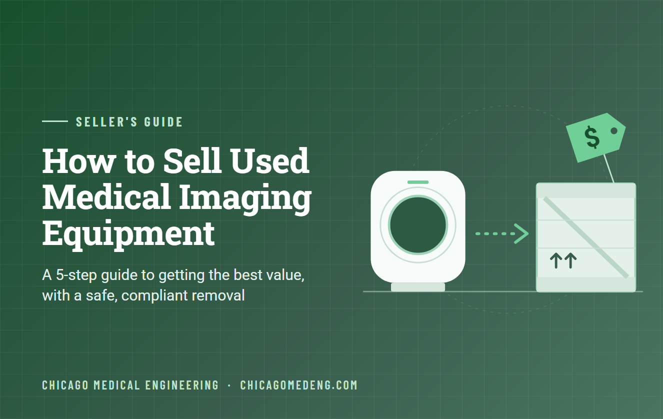Illustration of a used CT scanner being de-installed and crated for resale